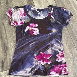 Karen Kane Pink Graphic Fitted Cap Sleeve Blouse